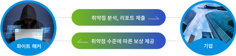 화이트 해커 -> 취약점 분석, 리포트 제출 -> 기업, 기업 -> 취약점 수준에 따른 보상 제공 -> 화이트 해커